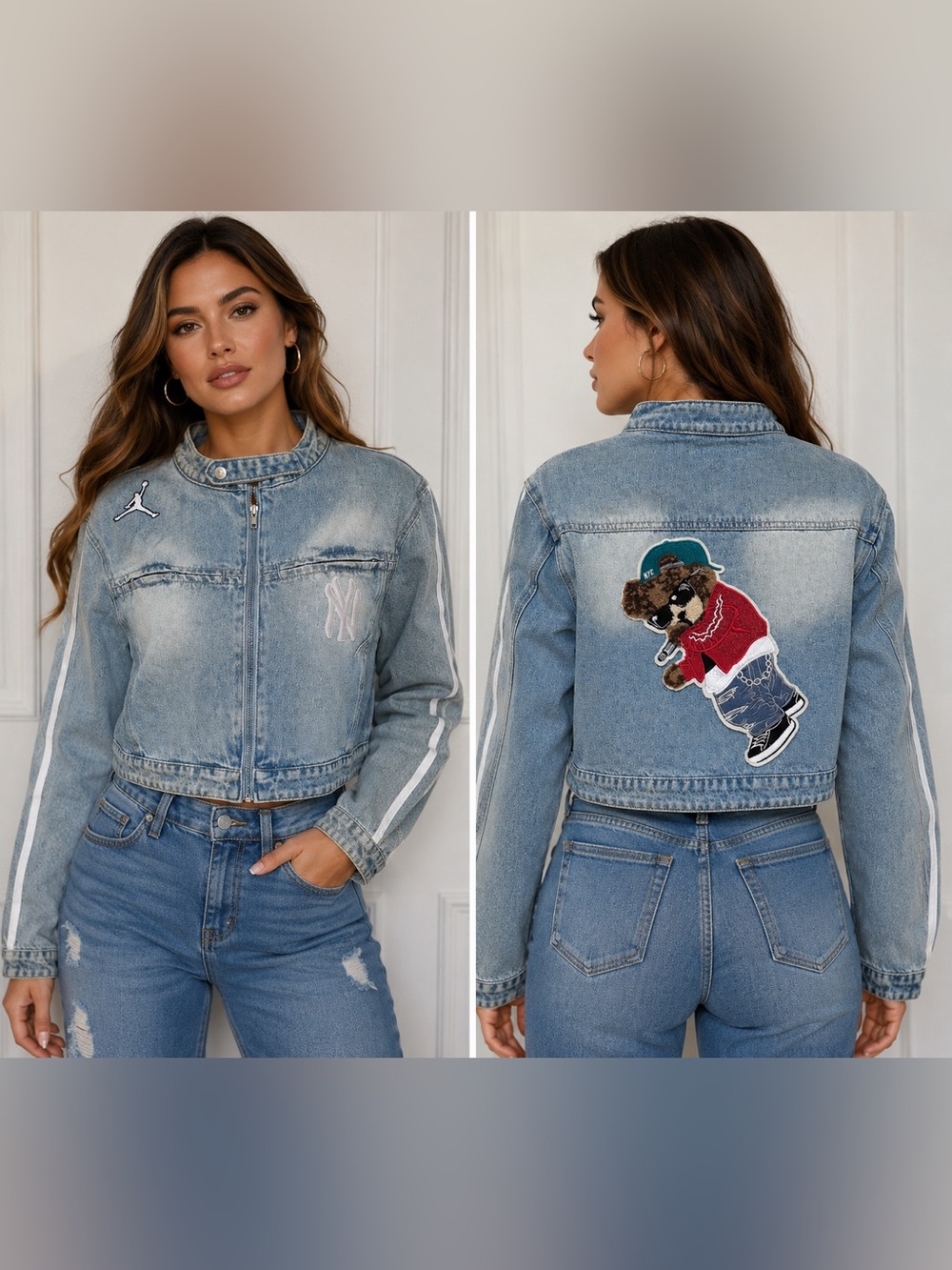 Upcycled NY inspired Blue Denim Cropped Jacket with striped sleeves & patches